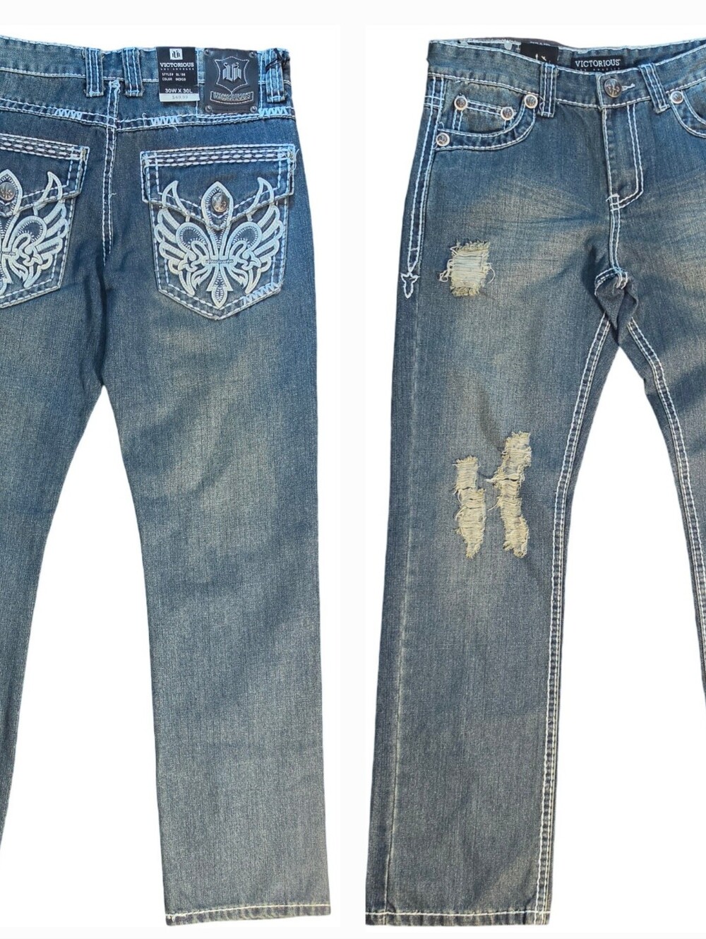 Vaulted Vintage Men's Straight Blue Jeans with Embroidered Pocket 34x32